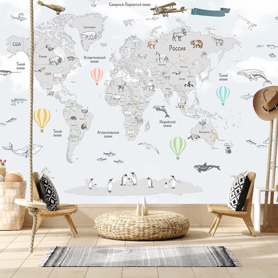 фотообои светлая карта мира в детскую 14-283