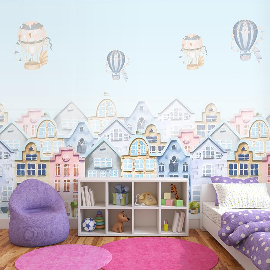 фотообои детские. домики акварельные и шарики 12-1609 фотообои детские. домики акварельные и шарики 12-1609