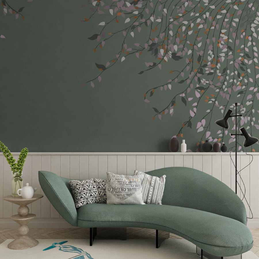 фотообои ветви с листьями на зеленом фоне 14-1090