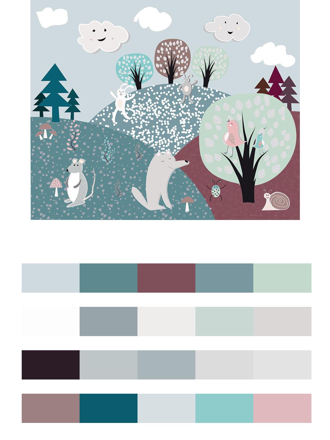 Сказочный лес с животными цвета