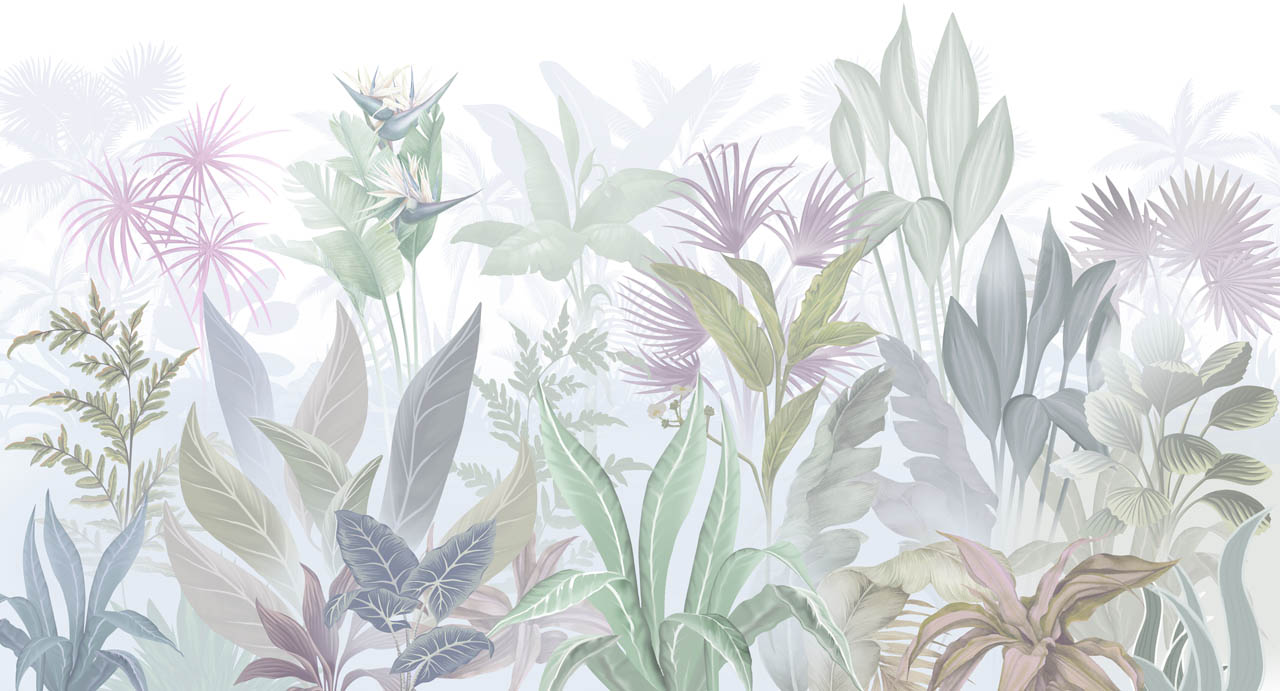 фотообои в спальню тропические растения светлый фон 13-653