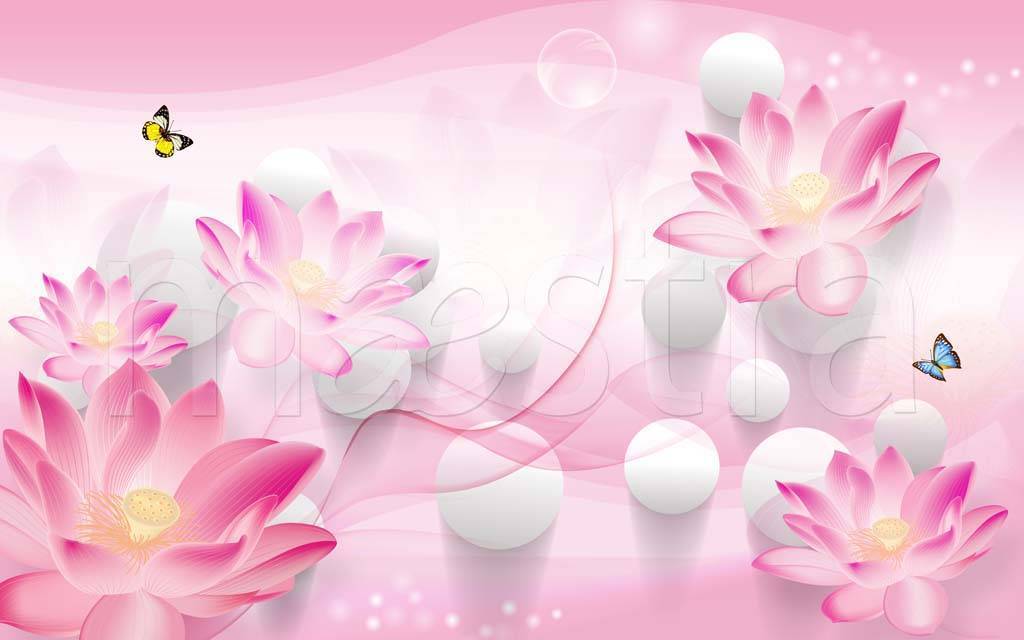 Фотообои 3д розовые объемные цветы с серыми шарами