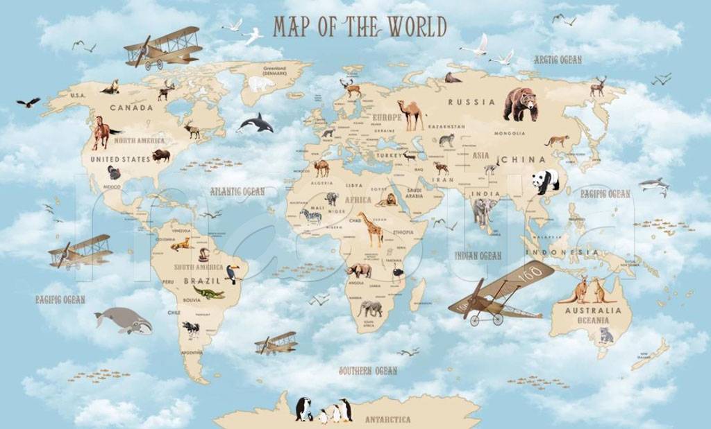 Фотообои Карта мира с животными и кораблями