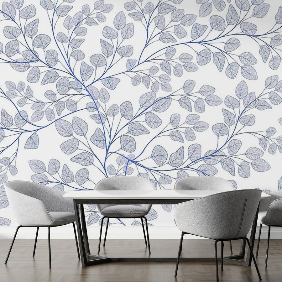 фотообои в спальню листочки голубые на белом фоне 9-1983