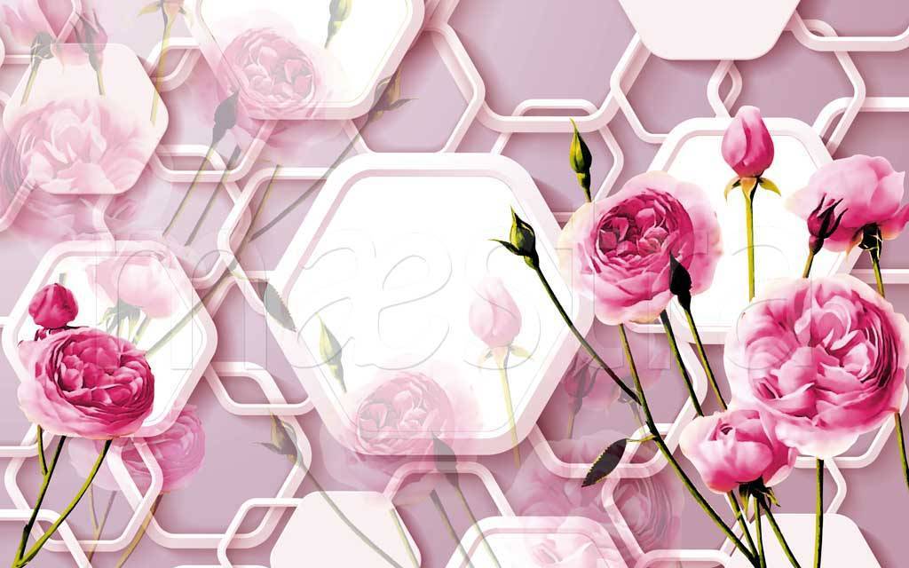Фотообои Яркие розовые цветы на 3д фоне