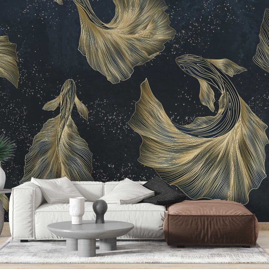 фотообои рыбы золотые на синем фоне 14-1274