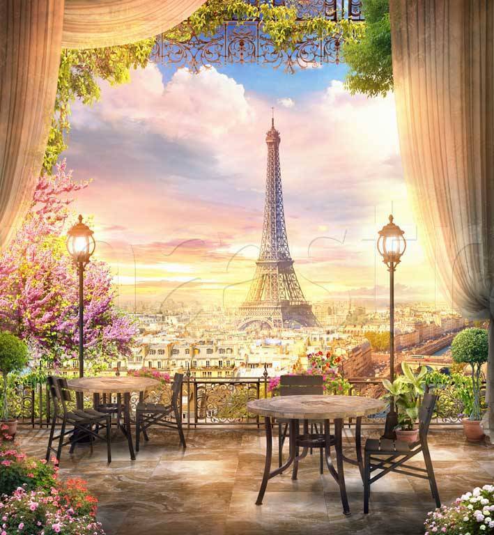 Фотообои Кафе в Париже с видом на эйфелеву башню