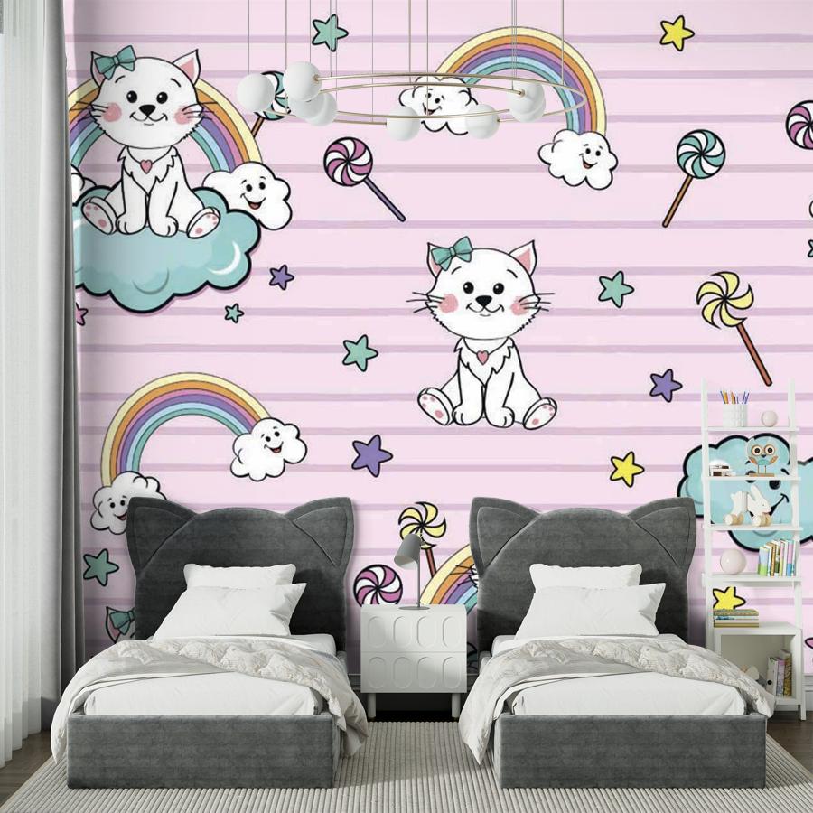 фотообои котята на облаках на розовом фоне 12-414