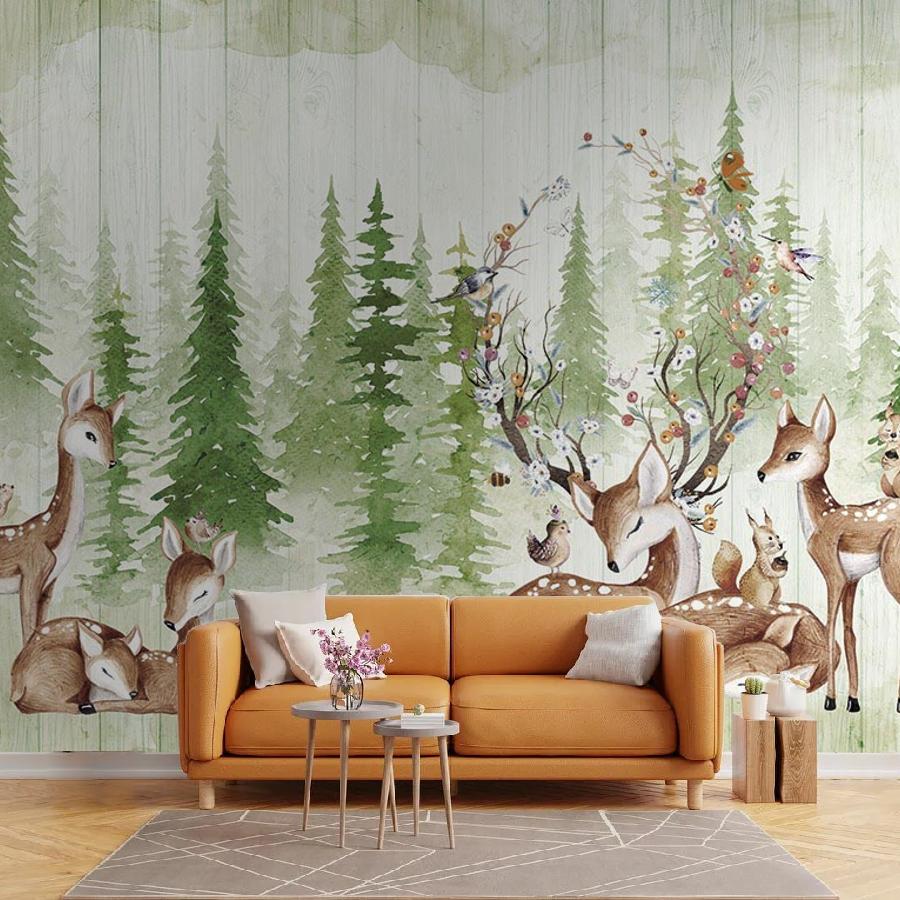 фотообои оленята на фоне зеленого леса 14-229