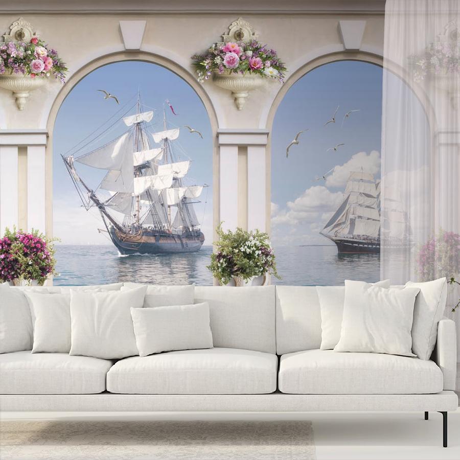 фотообои балкон с видом на парусники 19-0144