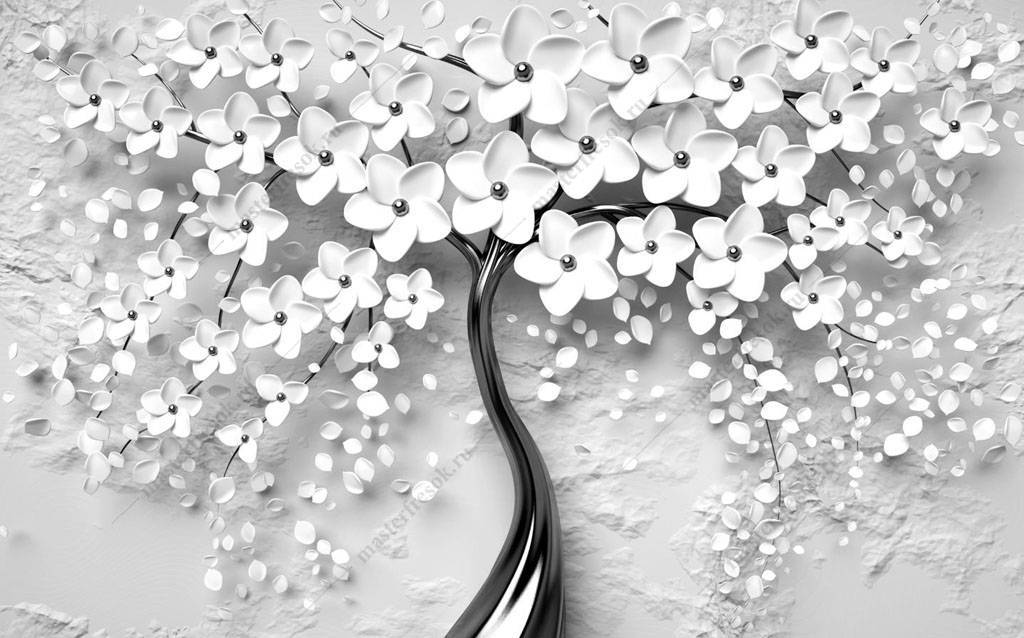 Фотообои 3д дерево с белыми цветами