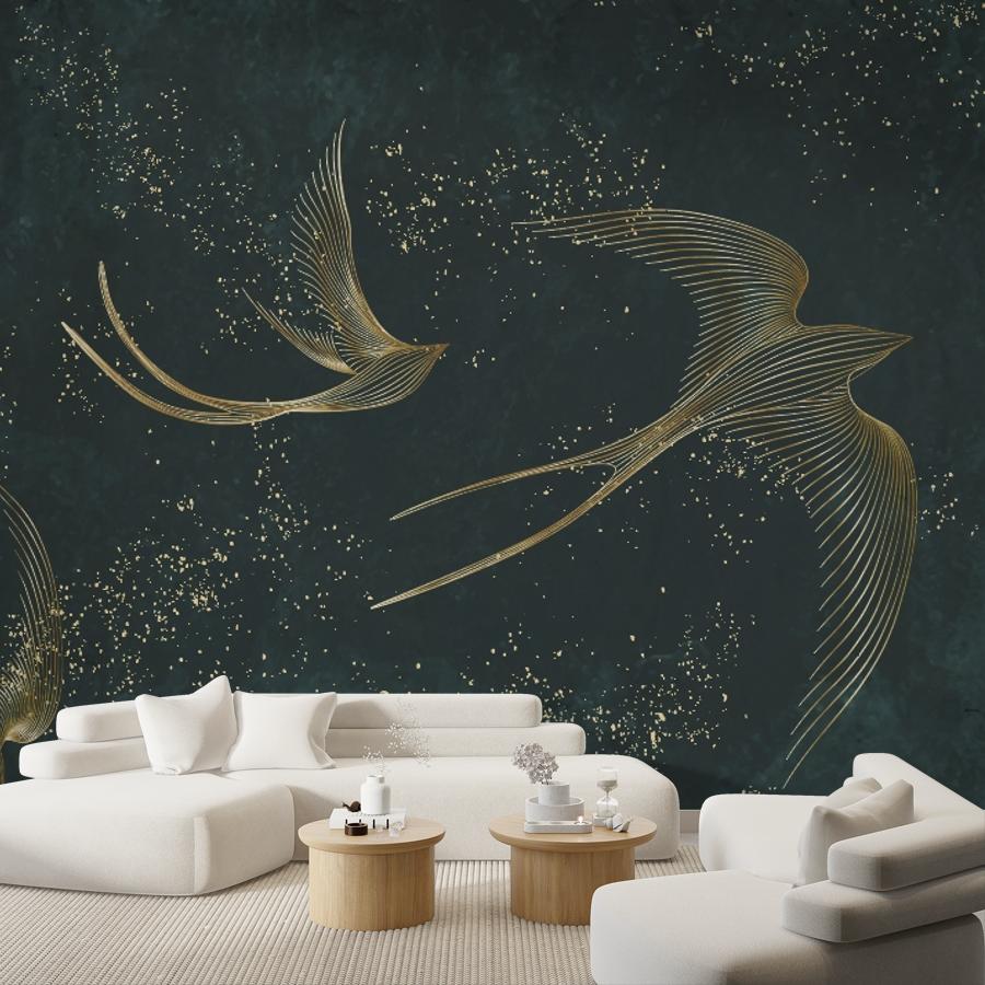 фотообои золотистые ласточки на зеленом фоне 14-1226