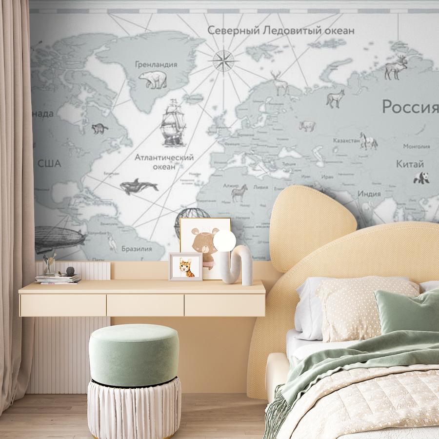 фотообои карта мира черно-белая для мальчика 14-286