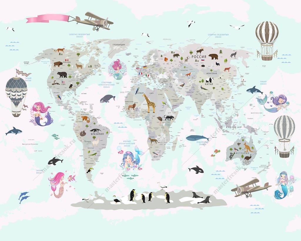 Фотообои Карта мира с русалками