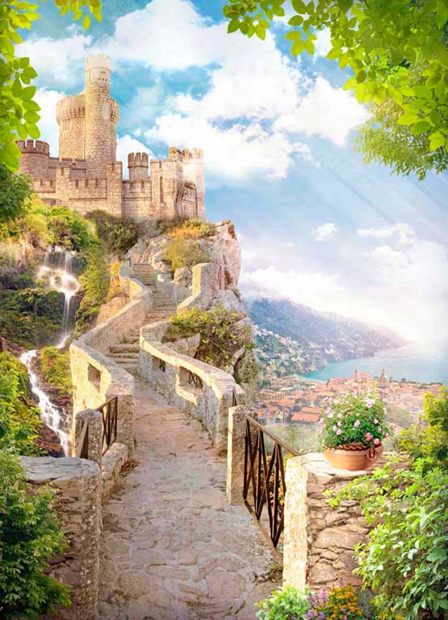 фотообои тропа ведущая к замку и водопаду 11-118