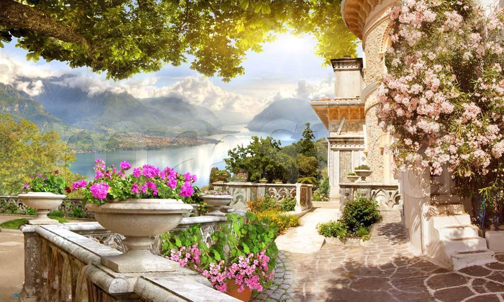 Фотообои Цветочный сад с видом на озеро