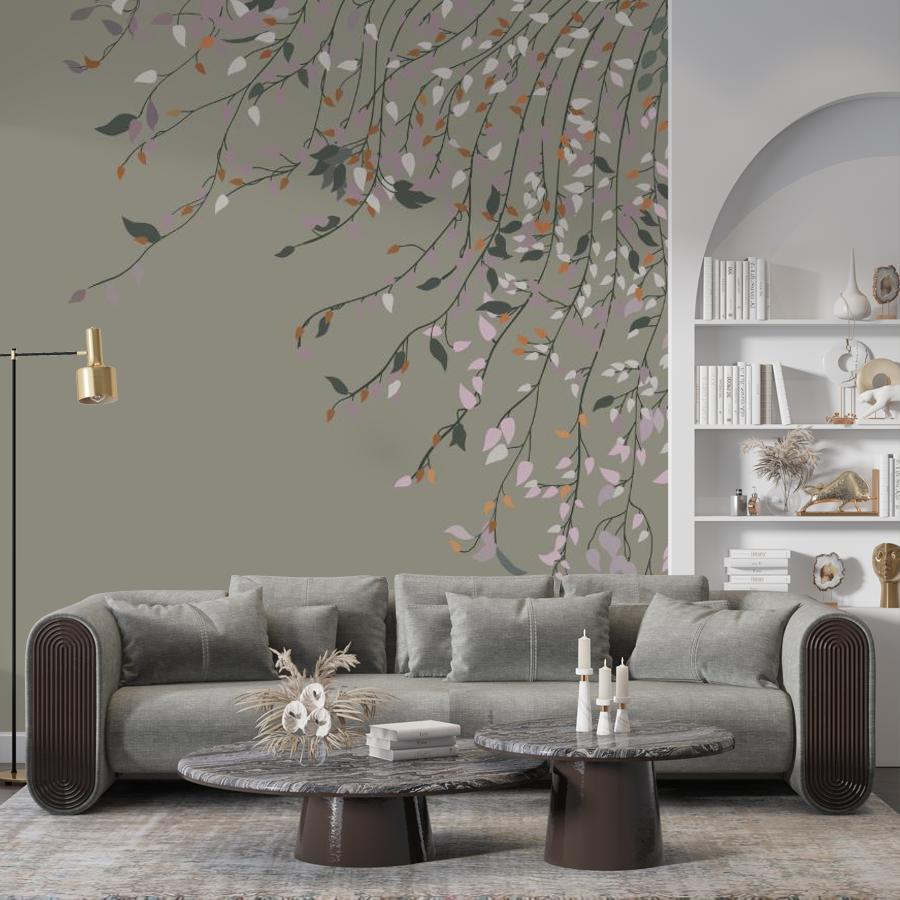 фотообои ветви с листьями на сером фоне 14-1092