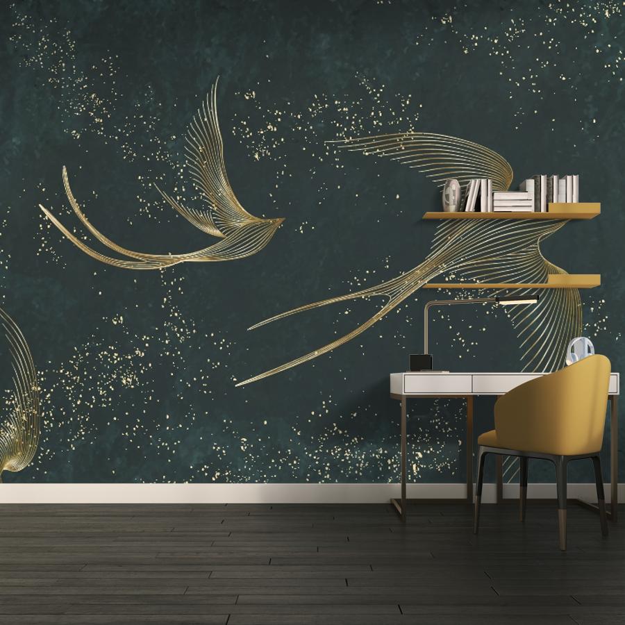 фотообои золотистые ласточки на зеленом фоне 14-1226