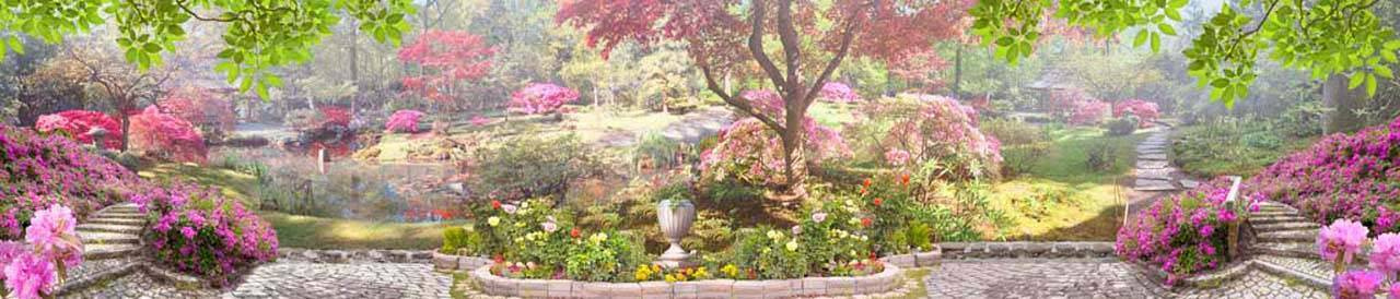 Фотообои Панорама парк с розовыми цветами и прудом
