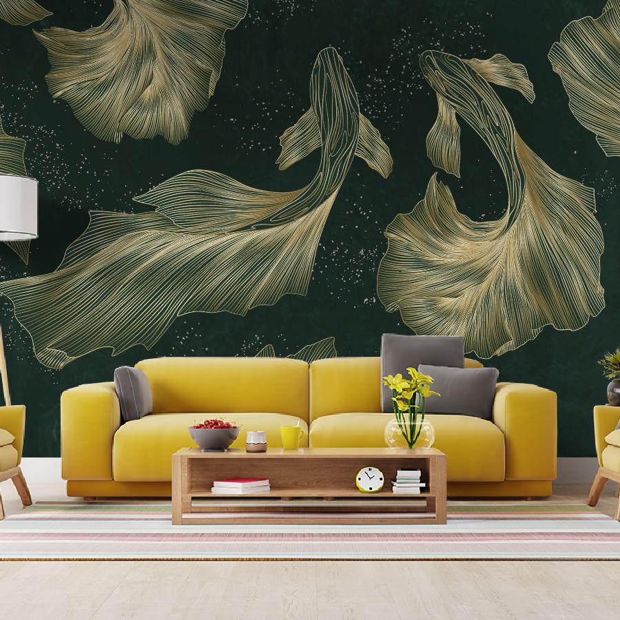 фотообои рыбы золотые на зеленом фоне 14-1267