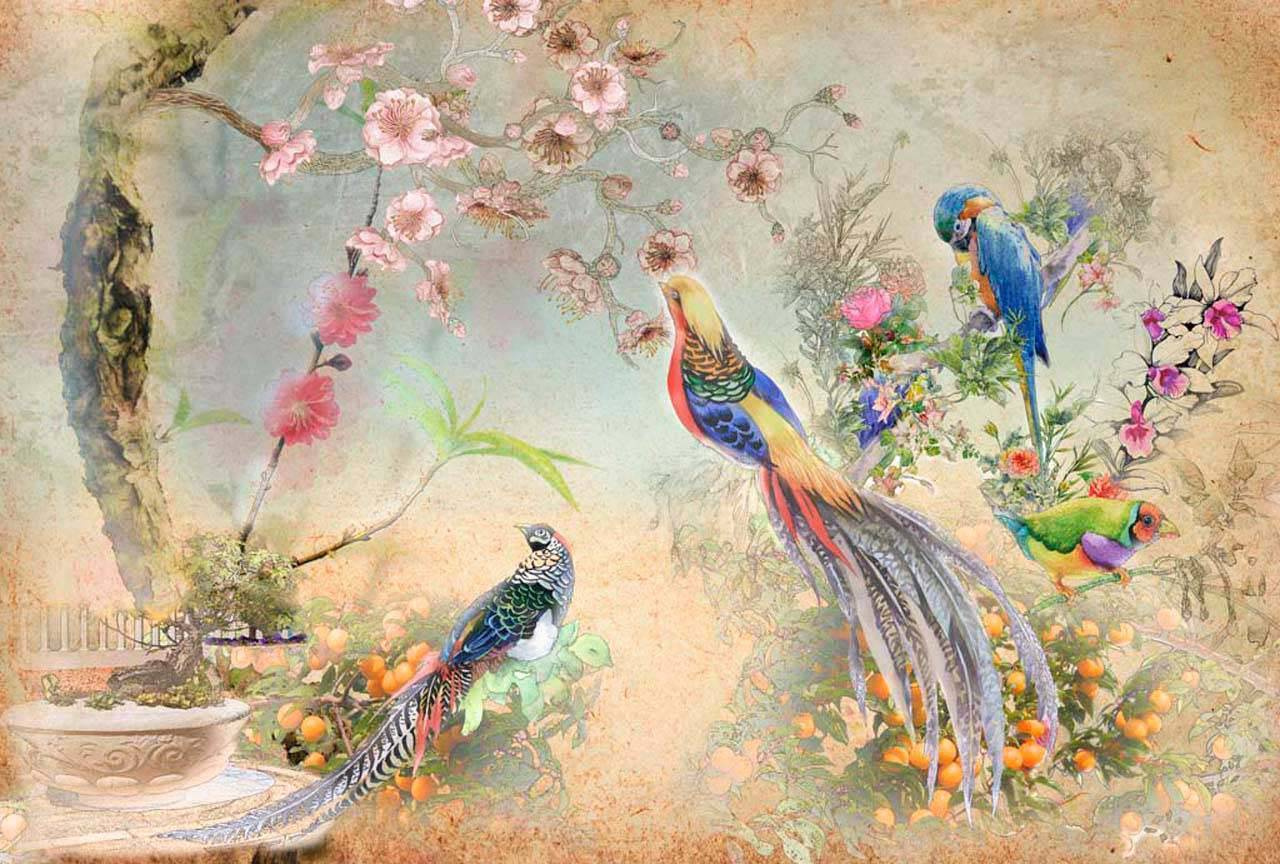 Фотообои Райские птицы в саду с цветами