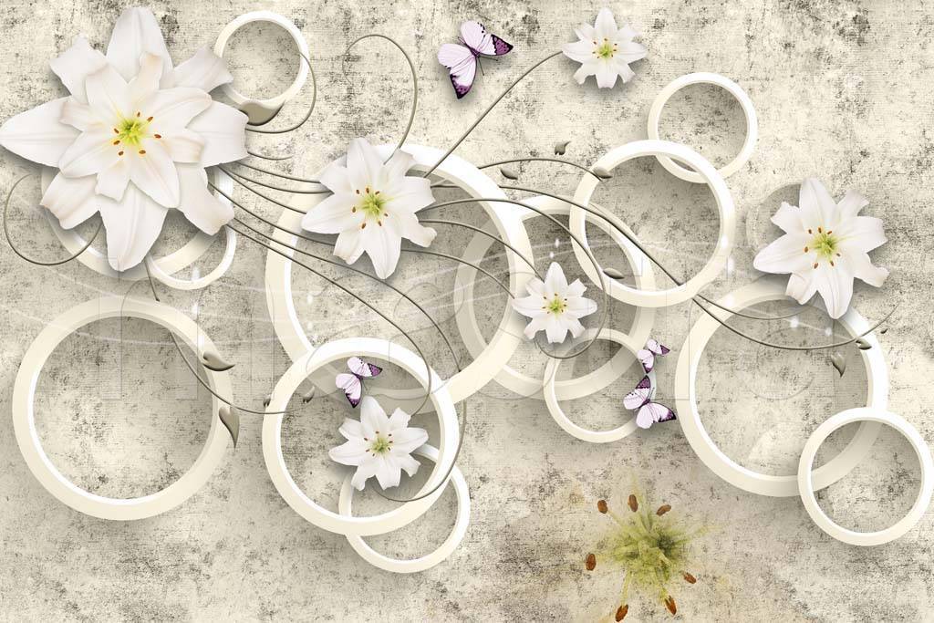 Фотообои 3д белые цветы с кругами на сером фоне