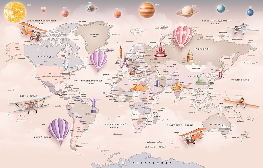 Фотообои Карта с планетами и шарами в розовом стиле