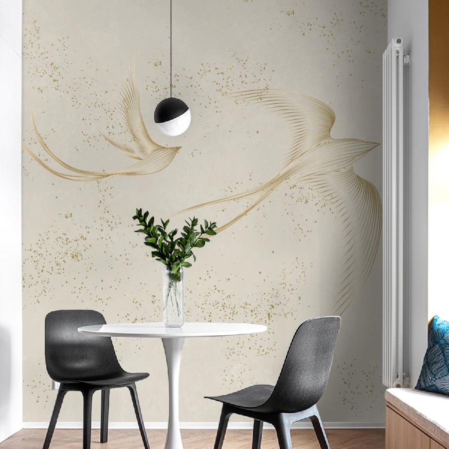 фотообои золотистые ласточки на бежевом фоне 14-1227