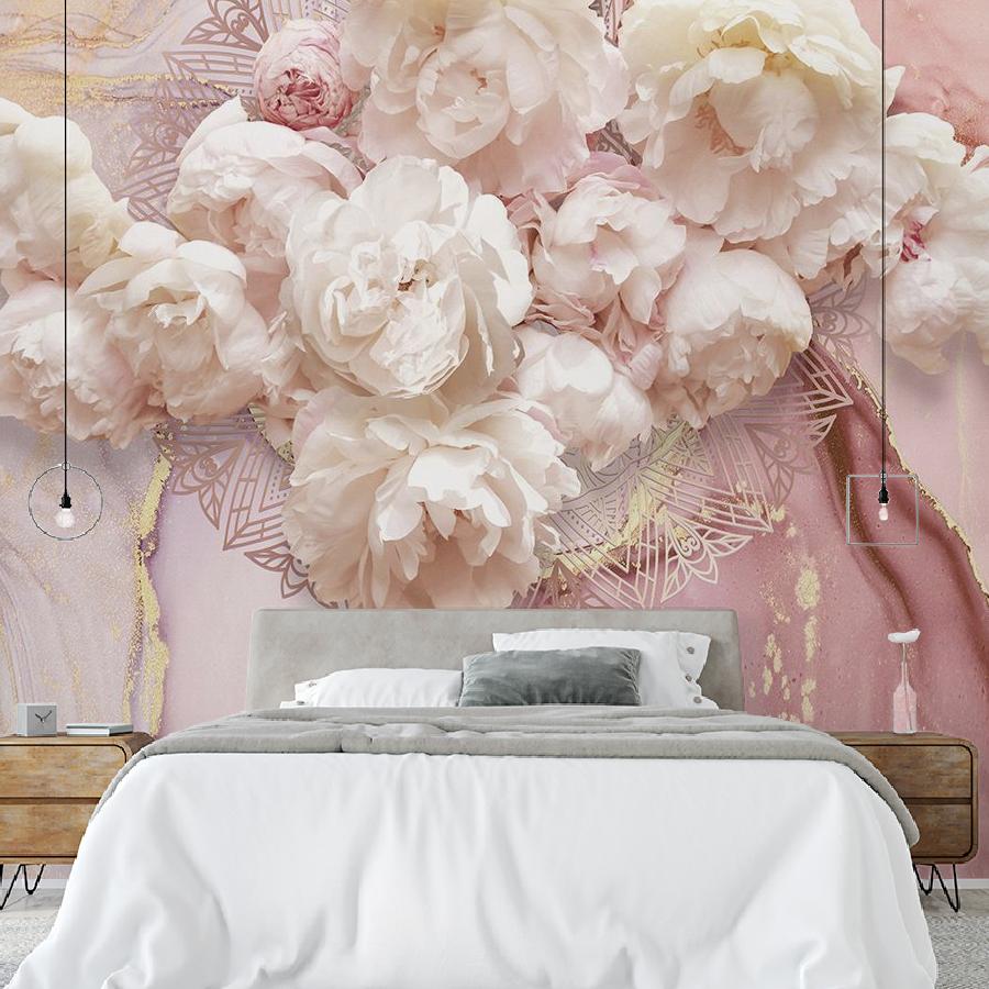 фотообои розовые пионы на мраморе 9-1888