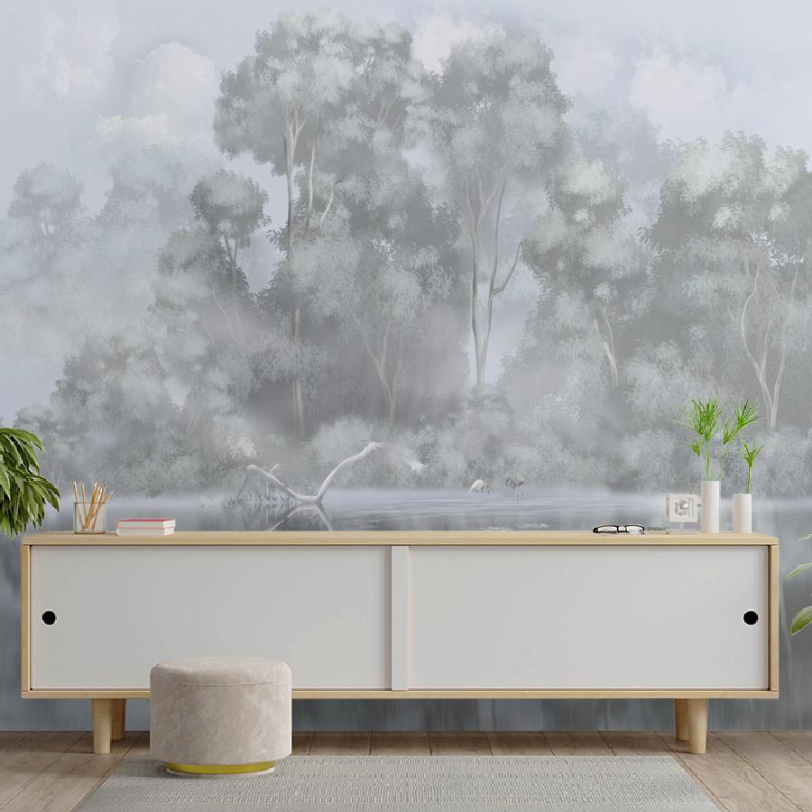 фотообои лес серый отражение в воде 13-970