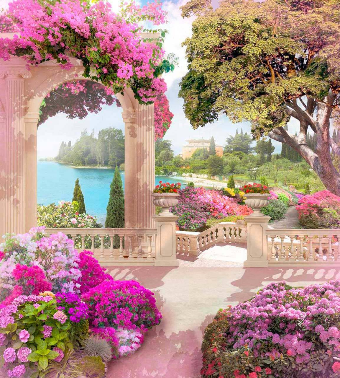 Фотообои Терраса с розовыми цветами