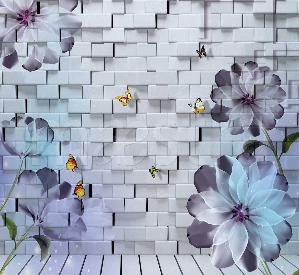 Фотообои Серые цветы на фоне 3д кирпичей