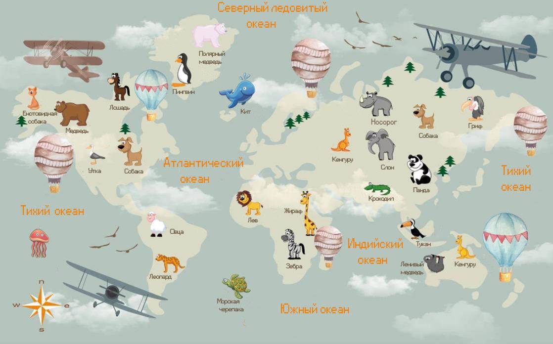 Фотообои Карта названиями животных