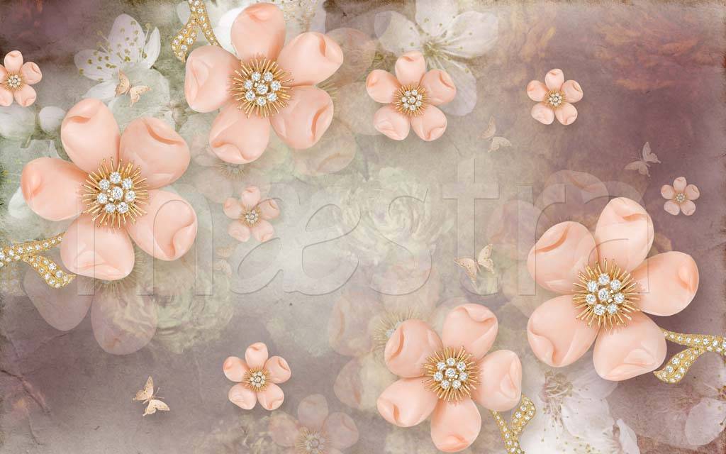 Фотообои 3д розовые цветы на абстрактном фоне