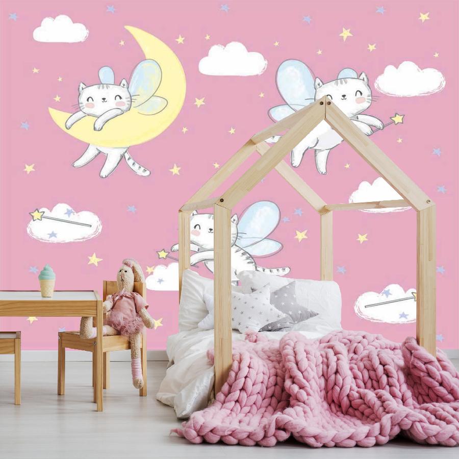 фотообои кошки-феи парят над облаками на розовом фоне 12-413