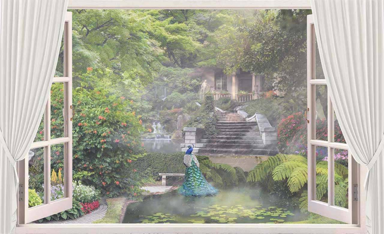 Фотообои Окно с видом на парк, павлина и пруд