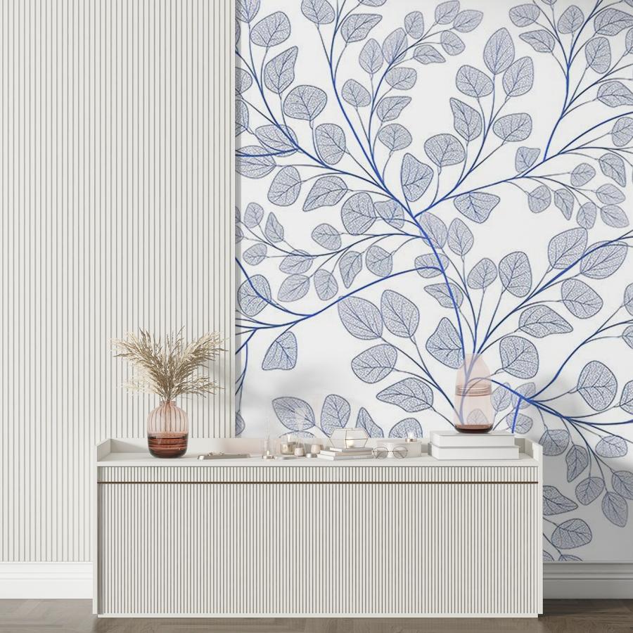фотообои в спальню листочки голубые на белом фоне 9-1983