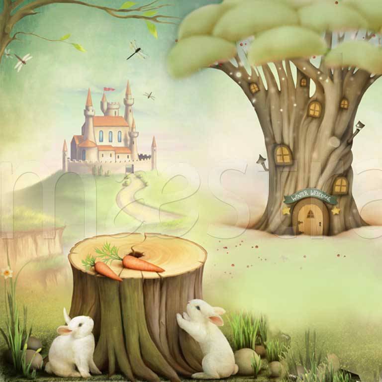 Фотообои Поляна с двумя зайцами и замком