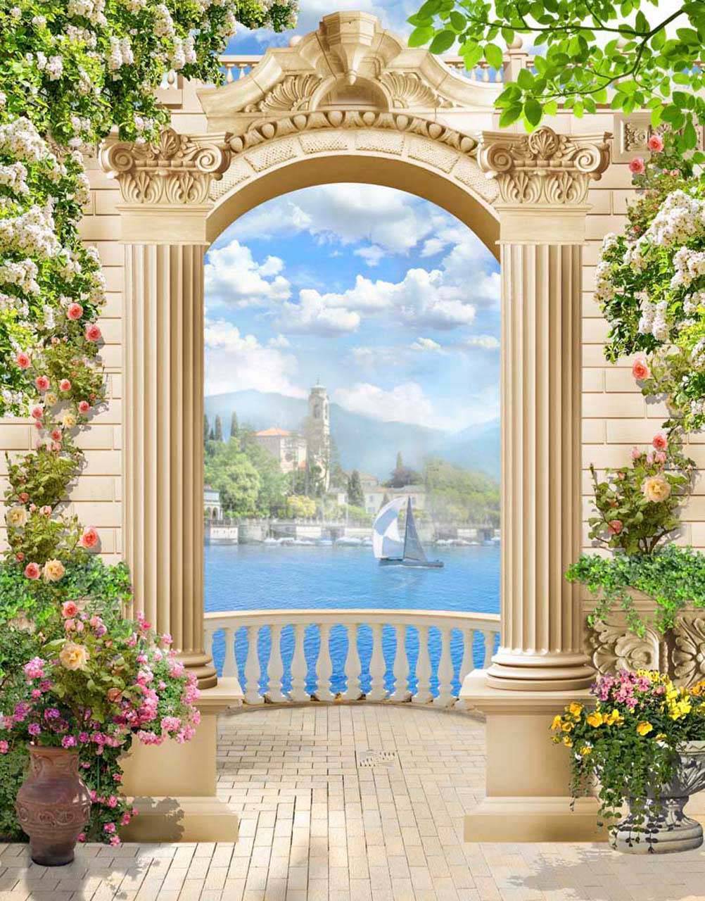 фотообои арка с видом на море и облака 7-096