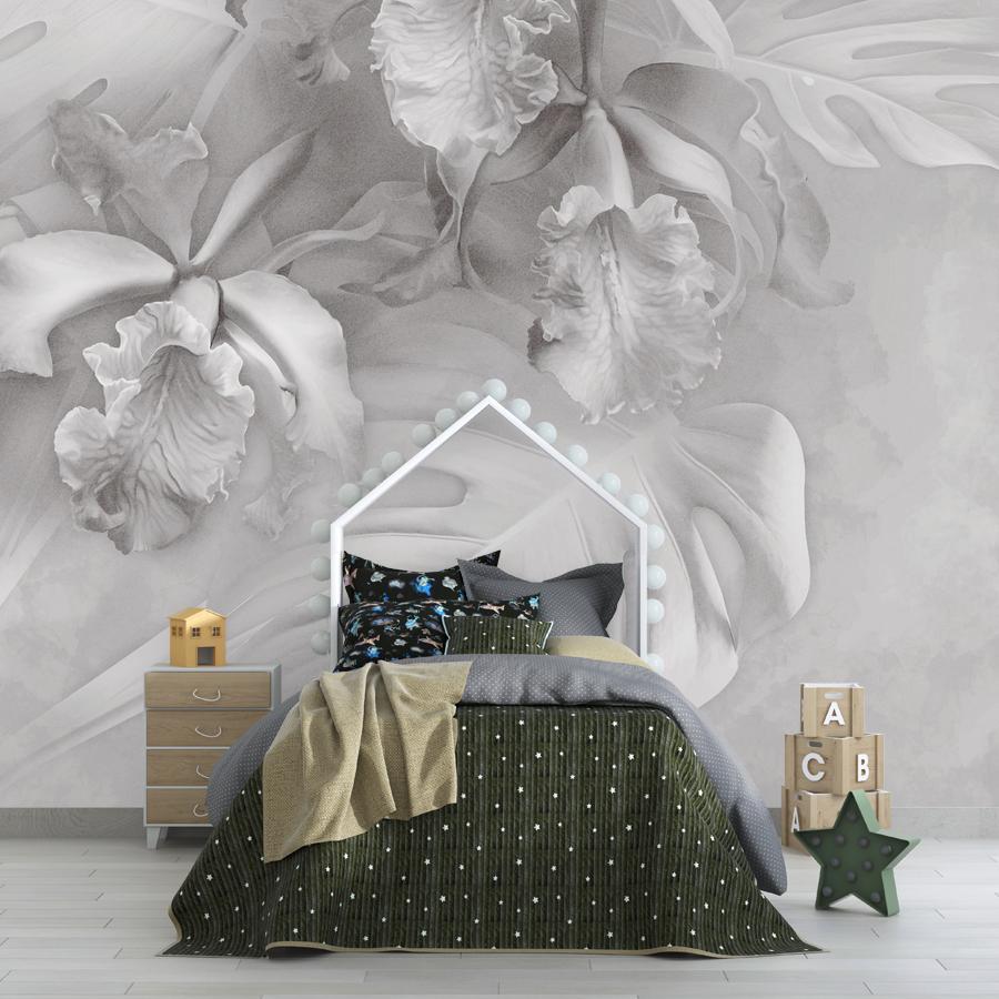 фотообои листья монстеры и цветы ириса 13-1110