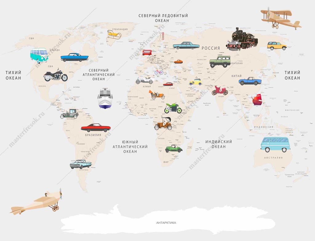 Фотообои Детская карта мира с машинками
