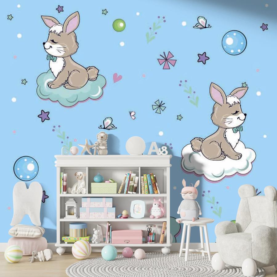 фотообои зверята с шарами на облаках на голубом фоне 12-420