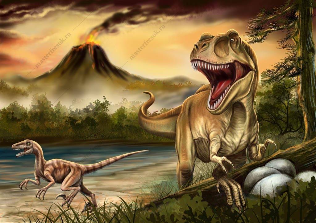 Фотообои Динозавр Тираннозавр и вулкан