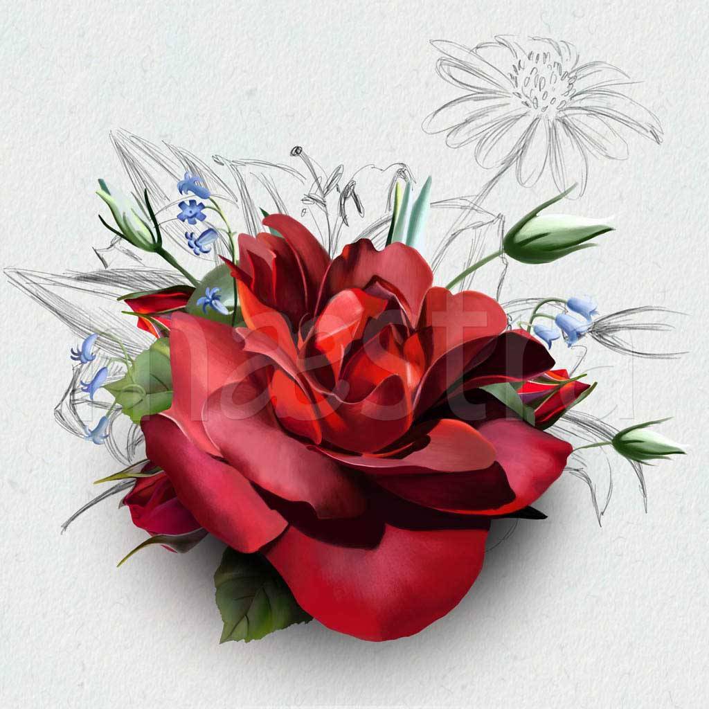 Фотообои Ярко красная художественная роза на светлом фоне