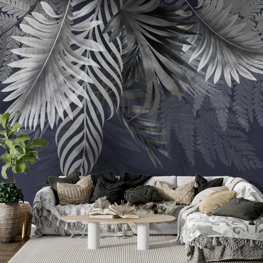 фотообои листья белые на синем фоне в гостиную 14-1243
