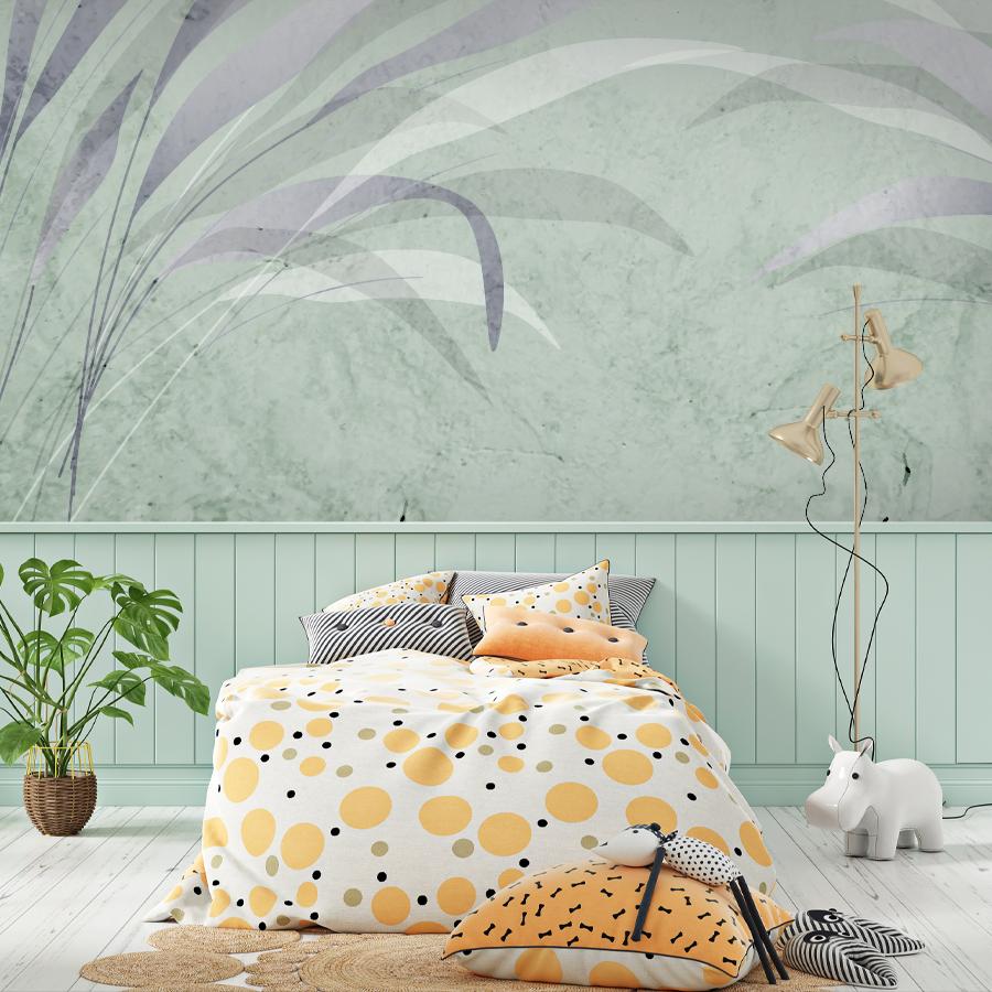 фотообои листья в спальню на зеленом фоне 14-1239