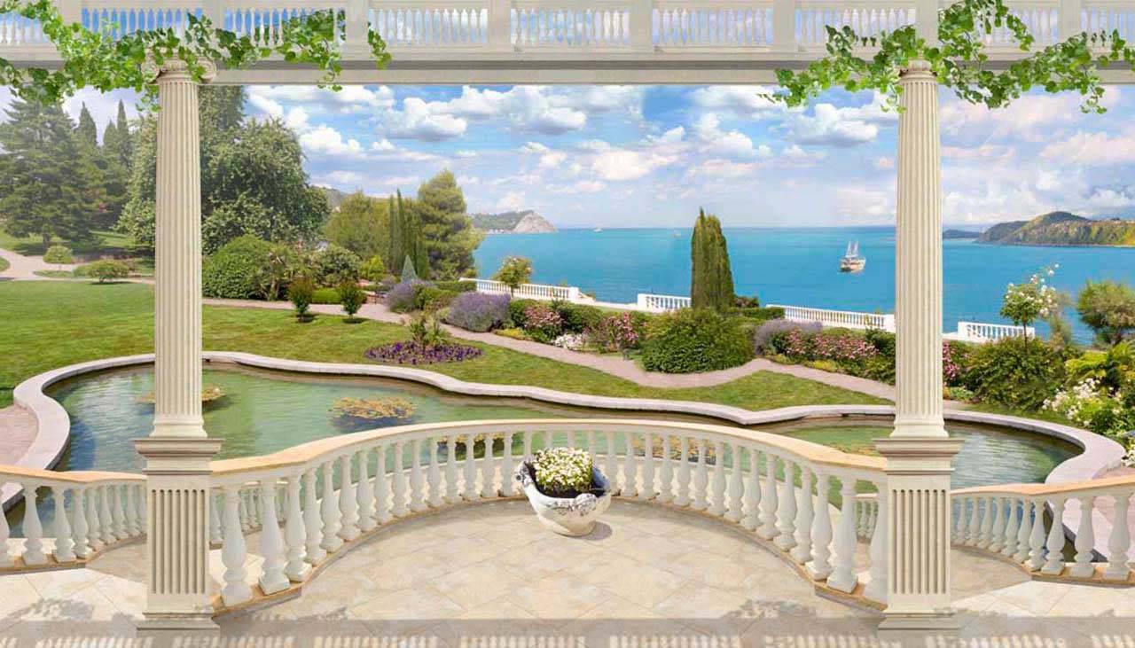 фотообои терраса с видом на парк и пруд 7-027