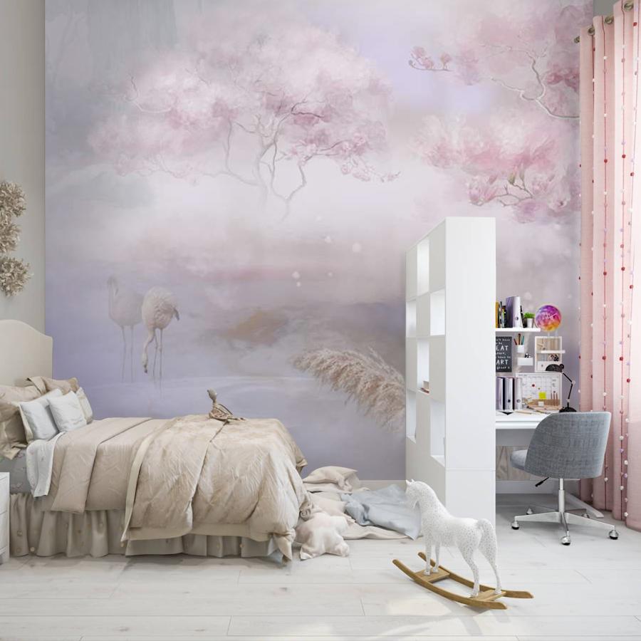 фотообои розовые деревья и фламинго