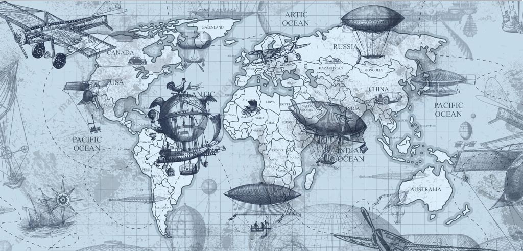 Фотообои Карта мира с летающими аппаратами