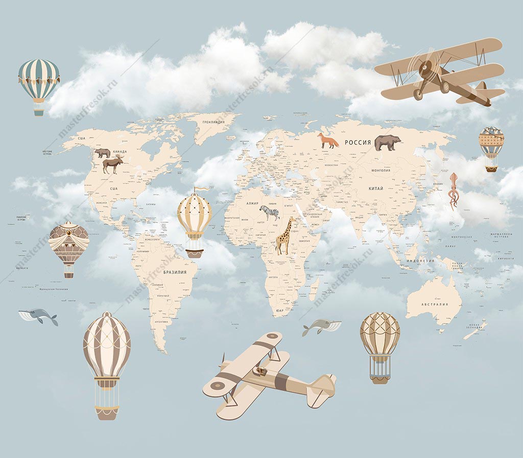 Фотообои Карта мира с воздушными шарами